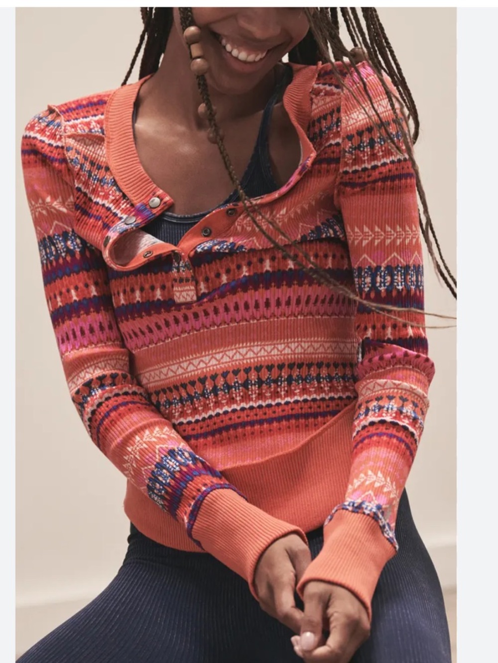 Free People movement L Coral Ribbed Trim Henley snap button  Knit Top